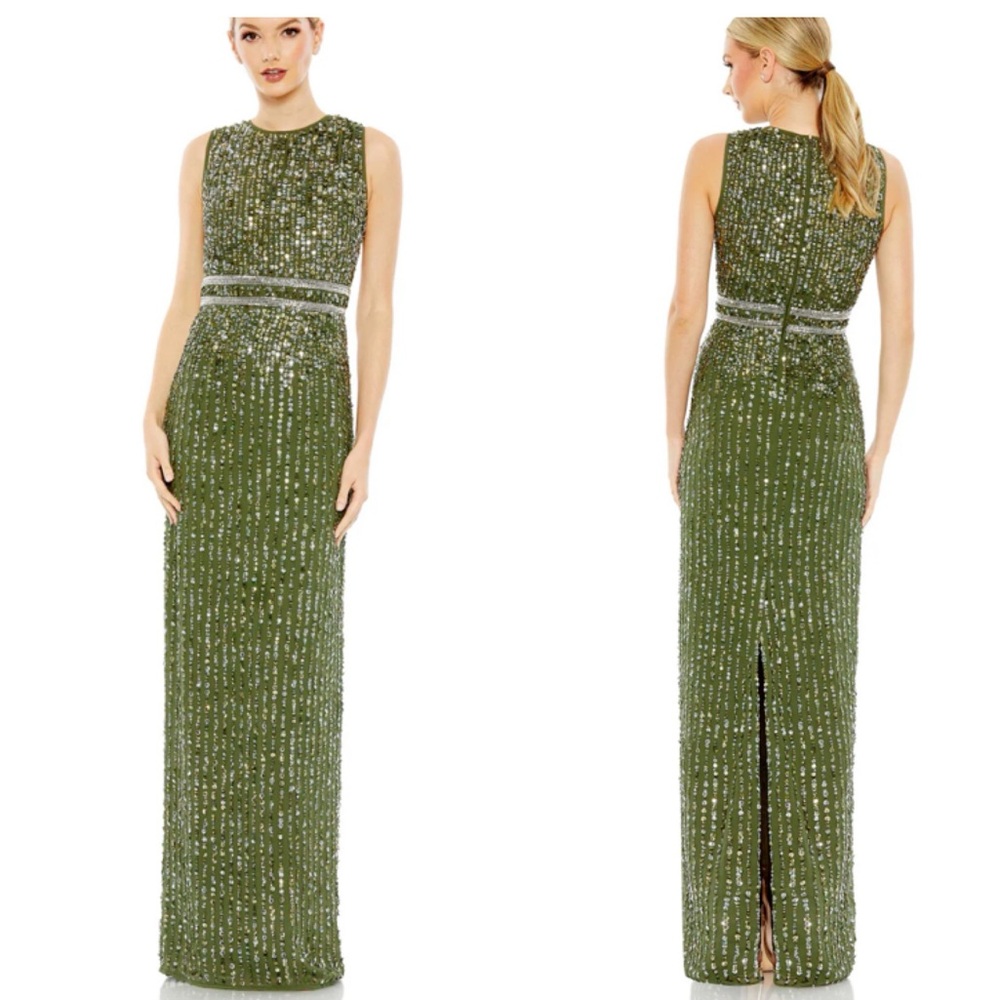 Mac Duggal NWT Sequined High Neck Sleeveless Column Gown Olive Green Sz 6 93603 - Picture 1 of 16